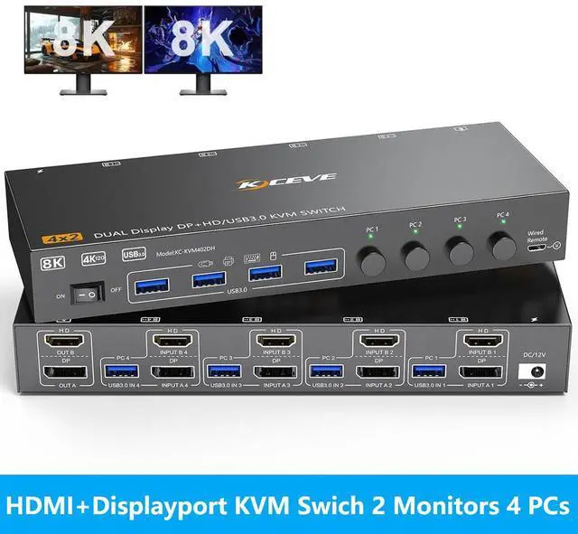 Main image of AUTYUE KVM Switch 2 Monitors 4 Computers 8K@60Hz 4K@144Hz, 4 Ports HDMI + Displayport KVM Switch for 4 PC Share 2 Monitors, Keyboard Mouse, Support Extended/Copy Mode, with Wired Remote & 4 USB Cables