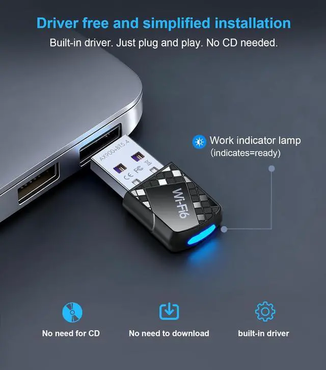 Alt view image 4 of 7 - AUTYUE USB Wi-Fi Adapter, USB WiFi 6 & Bluetooth Adapter for Laptop PC - 900Mbps Wireless Dongle, 5G/2.4GHz Dual Band, Built-in Driver for Desktop/Laptop/PC, WPA3, BT5.4 Supports Windows 7/10/11