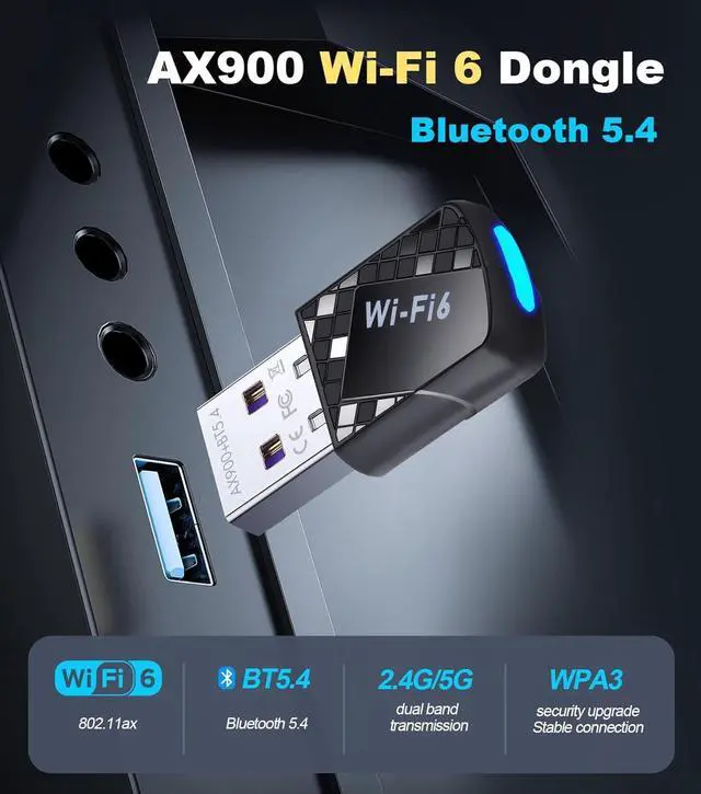 Alt view image 2 of 7 - AUTYUE USB Wi-Fi Adapter, USB WiFi 6 & Bluetooth Adapter for Laptop PC - 900Mbps Wireless Dongle, 5G/2.4GHz Dual Band, Built-in Driver for Desktop/Laptop/PC, WPA3, BT5.4 Supports Windows 7/10/11