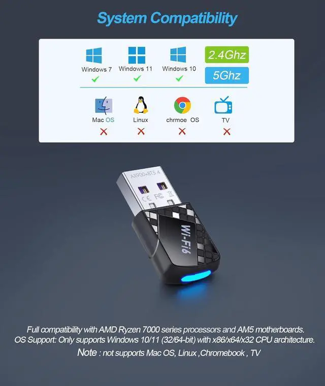 Alt view image 7 of 7 - AUTYUE USB Wi-Fi Adapter, USB WiFi 6 & Bluetooth Adapter for Laptop PC - 900Mbps Wireless Dongle, 5G/2.4GHz Dual Band, Built-in Driver for Desktop/Laptop/PC, WPA3, BT5.4 Supports Windows 7/10/11