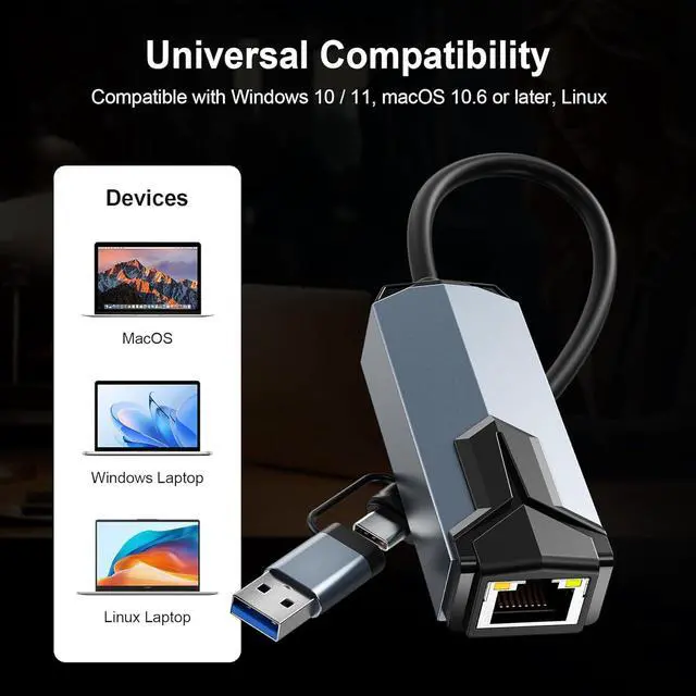 Alt view image 3 of 7 - AUTYUE USB 3.0 & USB C to 2.5 Gigabit Ethernet Adapter, USB to Rj45 Ethernet Adapter, 2.5G/1G/100Mbps RJ45 LAN Converter for Windows MacOS Linux and More, Driver-Free Setup with Wake-on-LAN Support