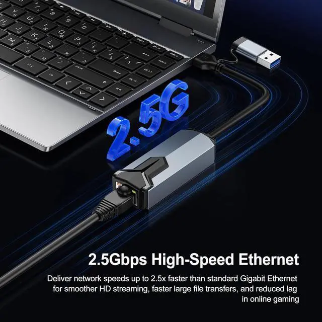 Alt view image 4 of 7 - AUTYUE USB 3.0 & USB C to 2.5 Gigabit Ethernet Adapter, USB to Rj45 Ethernet Adapter, 2.5G/1G/100Mbps RJ45 LAN Converter for Windows MacOS Linux and More, Driver-Free Setup with Wake-on-LAN Support
