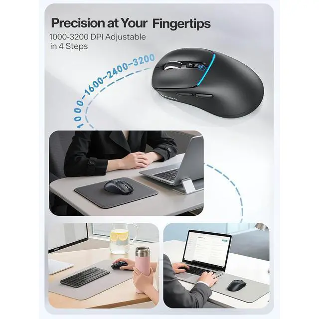 Alt view image 4 of 7 - AUTYUE Bluetooth Wireless Mouse  Dual Bluetooth & 2.4GHz USB Receiver, 4 DPI Levels (1000-3200dpi), Type-C Rechargeable, Silent Click, Compact Mouse for Computer/MacBook/Laptop/PC - Black