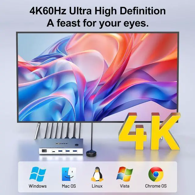 Alt view image 7 of 7 - AUTYUE KVM Switch 2 Monitors 2 Laptops USB C, 4K@60Hz 2 Port USB C Dual Monitor HDMI KVM Switch for 2 Laptops Share 4 USB 3.0 Devices with 80W PD,Wired Remote and Cables Included