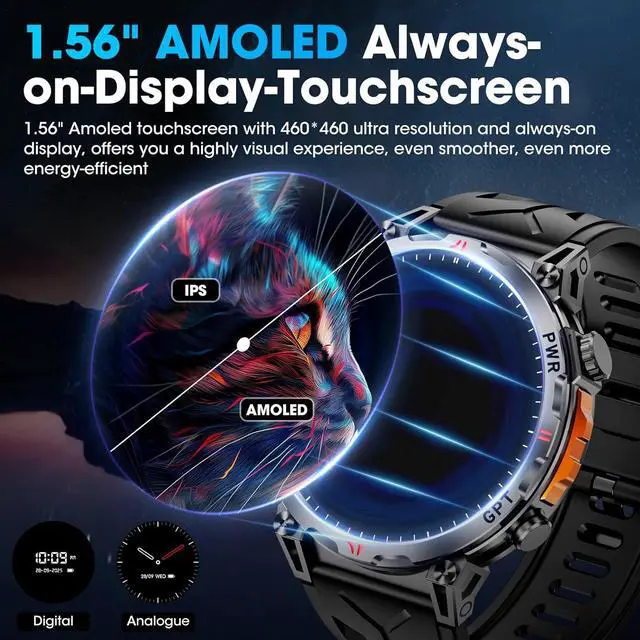 Alt view image 4 of 7 - AUTYUE Military Smart Watch with GPS/Compass,Smartwatch with GPT Voice Assistant,1.56" AMOLED Screen Smart Watch for Men,Compatible with Android & iOS (Bluetooth Call Answer/Dial), Multiple Sports Mod