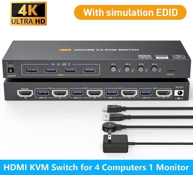 Alt view image 2 of 14 - KVM USB 3.0 Switch, 4 Ports HDMI KVM Switcher Selector Box 4 in 1 Out with EDID Emulator Function, Support 4K @60Hz Resolution for 4 Computers Share Mouse Keyboard and Monitor