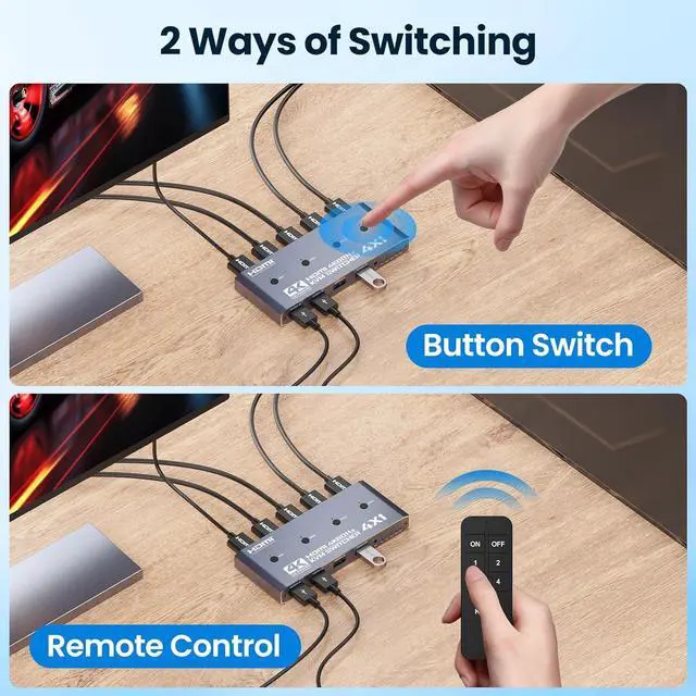 Alt view image 5 of 7 - AUTYUE HDMI KVM Switch 4 Computer, 4 Ports HDMI USB Switch for 4 Computer Share a 4K@60Hz Monitor and 4 USB Devices, Keyboard, Mouse, Printer, Includes 4 KVM Cables & Remote Controller (no Batteries)