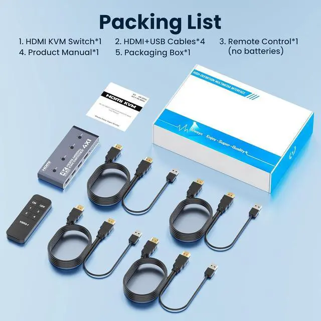 Alt view image 7 of 7 - AUTYUE HDMI KVM Switch 4 Computer, 4 Ports HDMI USB Switch for 4 Computer Share a 4K@60Hz Monitor and 4 USB Devices, Keyboard, Mouse, Printer, Includes 4 KVM Cables & Remote Controller (no Batteries)