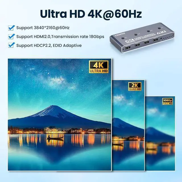 Alt view image 4 of 7 - AUTYUE HDMI KVM Switch 4 Computer, 4 Ports HDMI USB Switch for 4 Computer Share a 4K@60Hz Monitor and 4 USB Devices, Keyboard, Mouse, Printer, Includes 4 KVM Cables & Remote Controller (no Batteries)