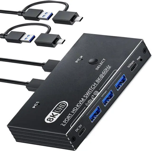 Main image of AUTYUE 2 Port HDMI KVM Switch 1 Monitors 2 Computers, 8K@60Hz HDMI KVM Switches for 2 Computers Sharing 1 Monitors Keyboard Mouse Printer, 2 in 1 Out HDMI KVM Switch with 2 2-in-1 USB Splitter Cable