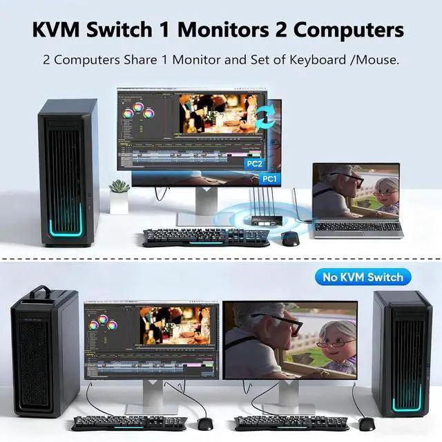 Alt view image 2 of 7 - AUTYUE 2 Port HDMI KVM Switch 1 Monitors 2 Computers, 8K@60Hz HDMI KVM Switches for 2 Computers Sharing 1 Monitors Keyboard Mouse Printer, 2 in 1 Out HDMI KVM Switch with 2 2-in-1 USB Splitter Cable