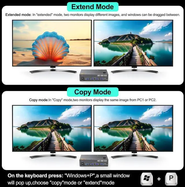 Alt view image 3 of 7 - AUTYUE HDMI + Displayport KVM Switch 2 Monitors 2 Computers, 8K@60Hz/4K@144Hz DP + HDMI KVM Switch for 2 PC Sharing 2 Monitors, Keyboard, Mouse, with USB3.0 Cables, Wired Controller and Power Adapter