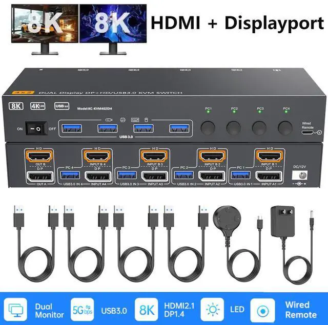 Main image of AUTYUE HDMI + Displayport KVM Switch 4 Computers 2 Monitors, 8K@60Hz/4K@144Hz Dual Monitor KVM Switch 4 Port for 4 PCs Share 2 Monitors, with 4 USB 3.0 Ports, USB Cables, Power Adapter & Wired Remote