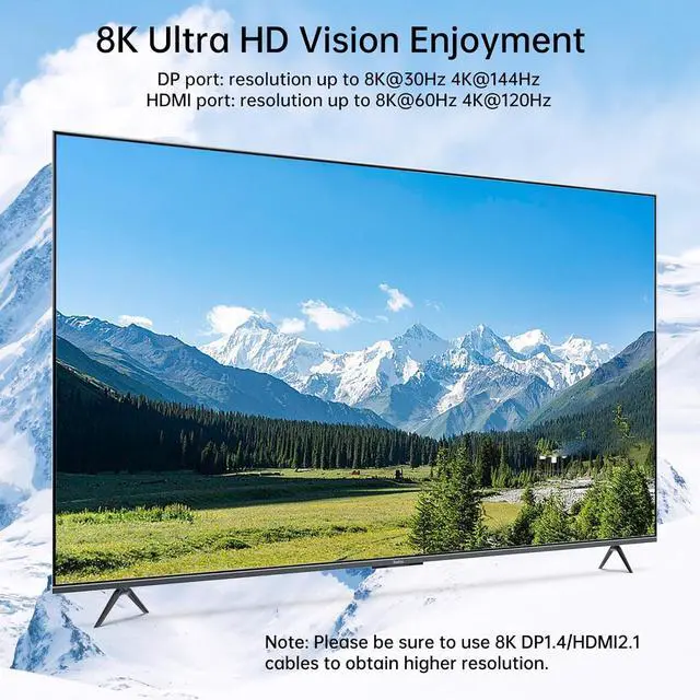 Alt view image 7 of 7 - AUTYUE HDMI + Displayport KVM Switch 4 Computers 2 Monitors, 8K@60Hz/4K@144Hz Dual Monitor KVM Switch 4 Port for 4 PCs Share 2 Monitors, with 4 USB 3.0 Ports, USB Cables, Power Adapter & Wired Remote