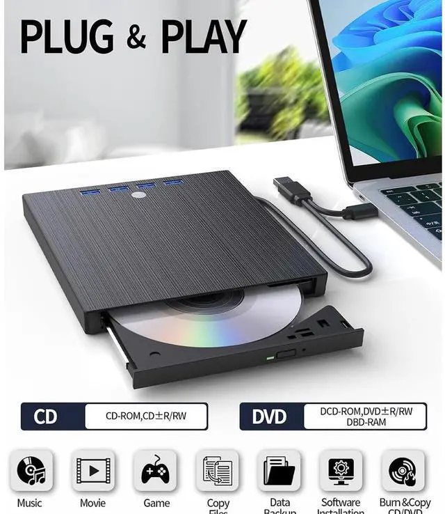 Alt view image 2 of 7 - AUTYUE External CD DVD Drive, 7 in 1 USB 3.0 and Type-C Disc Reader Writer Burner Player,Slim and Portable CD DVD +/-RW Optical Drive for PC Laptop Desktop MacBook, Windows 11, 10, 8.1, 7,Linux Mac OS