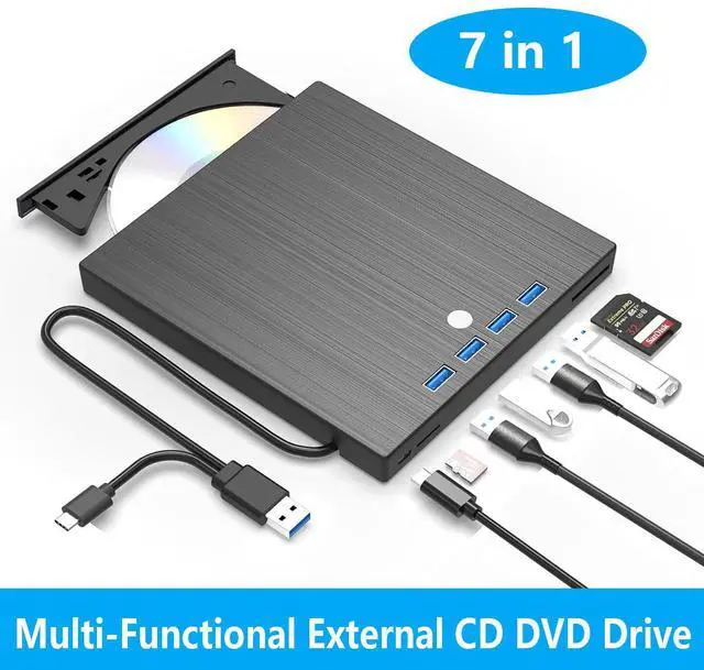 Main image of AUTYUE External CD DVD Drive, 7 in 1 USB 3.0 and Type-C Disc Reader Writer Burner Player,Slim and Portable CD DVD +/-RW Optical Drive for PC Laptop Desktop MacBook, Windows 11, 10, 8.1, 7,Linux Mac OS