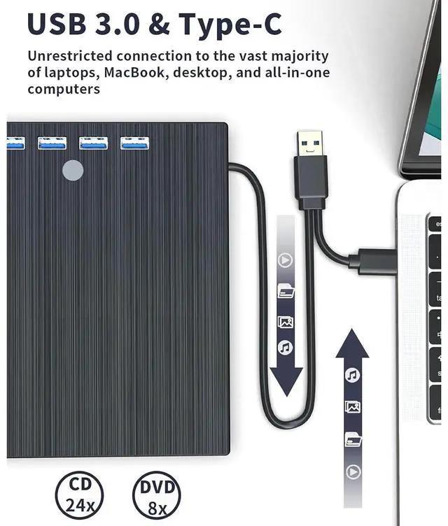Alt view image 3 of 7 - AUTYUE External CD DVD Drive, 7 in 1 USB 3.0 and Type-C Disc Reader Writer Burner Player,Slim and Portable CD DVD +/-RW Optical Drive for PC Laptop Desktop MacBook, Windows 11, 10, 8.1, 7,Linux Mac OS