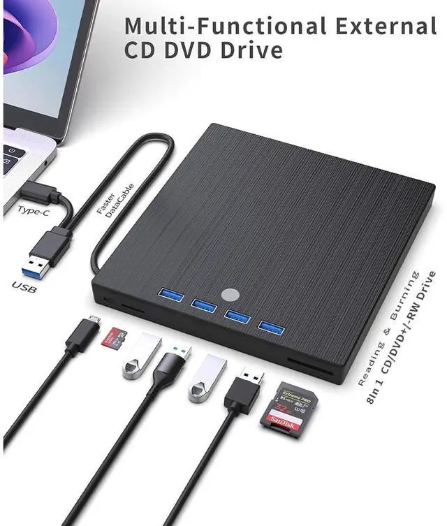 Alt view image 6 of 7 - AUTYUE External CD DVD Drive, 7 in 1 USB 3.0 and Type-C Disc Reader Writer Burner Player,Slim and Portable CD DVD +/-RW Optical Drive for PC Laptop Desktop MacBook, Windows 11, 10, 8.1, 7,Linux Mac OS