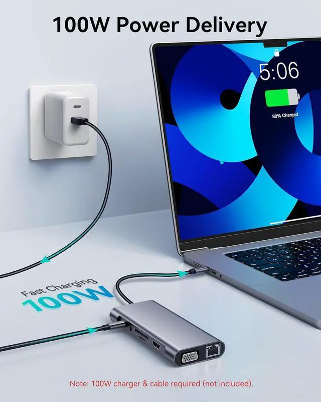 Alt view image 3 of 7 - AUTYUE 11-in-1 USB C Hub Multi-port Type C Adapter, USB C Docking Station with 4K HDMI, VGA 1080P,100W PD, Ethernet, SD/TF, Audio, USB 3.0 USB 2.0 Port, Laptop Dock for MacBook Pro/Air, iPad, Windows