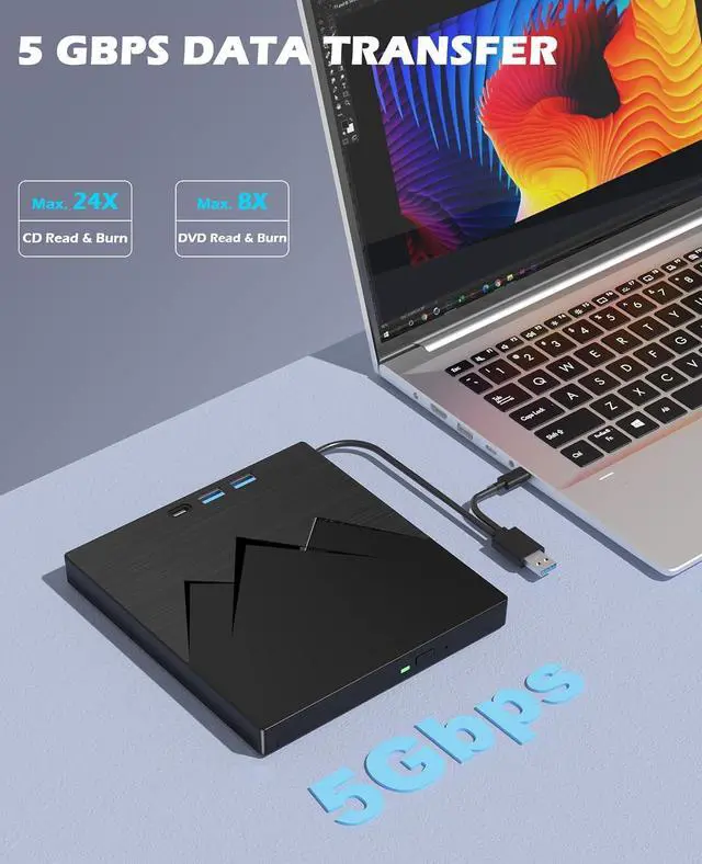 Alt view image 2 of 7 - AUTYUE 7 in 1 External CD/DVD Drive For Laptop With LAN PORT, Portable DVD Player For Laptop with Ethernet Adapter USB & SD/TF Ports, USB 3.0/Type C External CD DVD Drive For PC Windows Linux MacOS