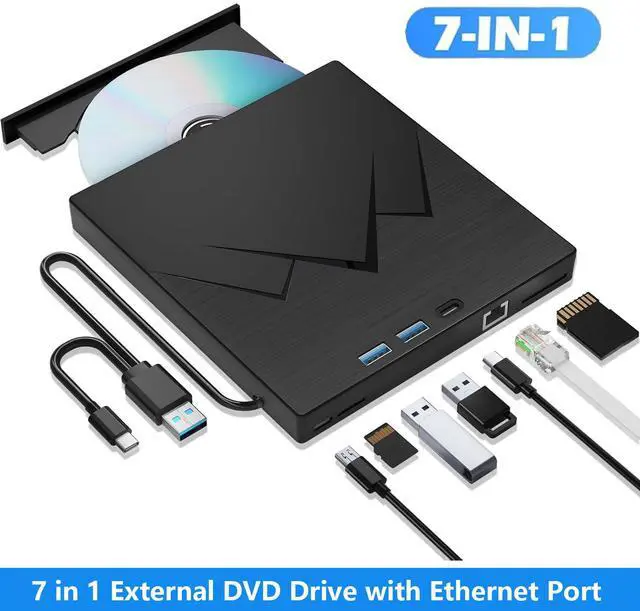 Main image of AUTYUE 7 in 1 External CD/DVD Drive For Laptop With LAN PORT, Portable DVD Player For Laptop with Ethernet Adapter USB & SD/TF Ports, USB 3.0/Type C External CD DVD Drive For PC Windows Linux MacOS