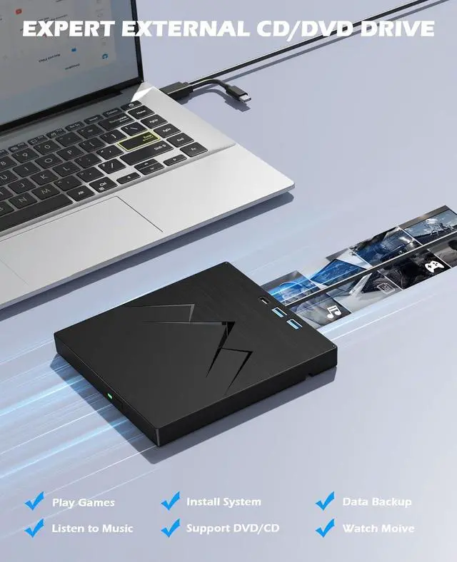 Alt view image 6 of 7 - AUTYUE 7 in 1 External CD/DVD Drive For Laptop With LAN PORT, Portable DVD Player For Laptop with Ethernet Adapter USB & SD/TF Ports, USB 3.0/Type C External CD DVD Drive For PC Windows Linux MacOS