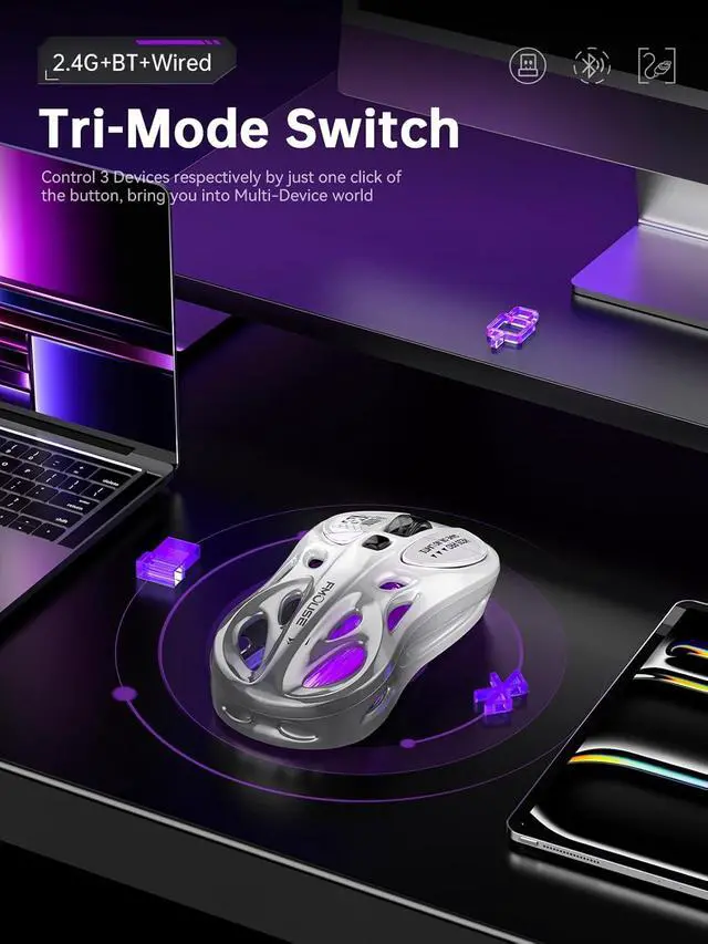 Alt view image 2 of 6 - AUTYUE Tri-Mode Wireless Bluetooth Mouse (2.4G/Bluetooth/Wired), Hollow Design, RGB Gaming Mice, 4800 DPI, Rechargeable Type-C Wireless Mouse for Mac/Laptop/iPad (Gaming/Office) - White & Gray