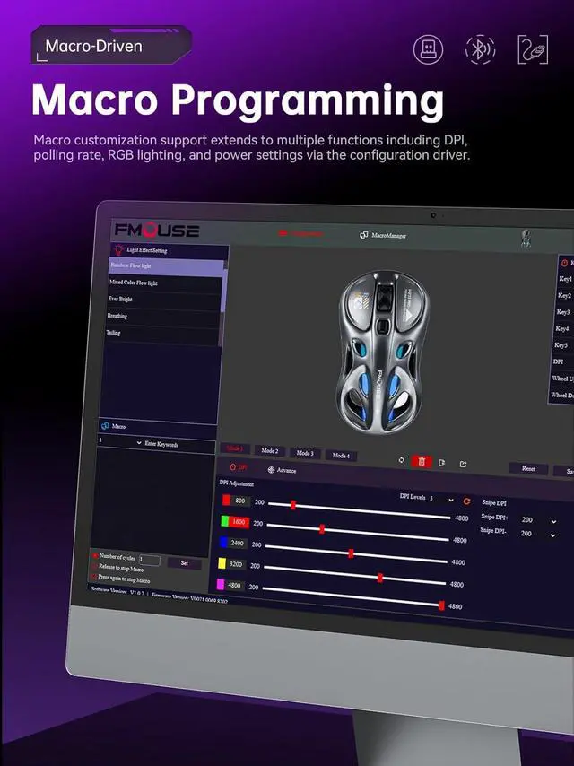 Alt view image 6 of 6 - AUTYUE Tri-Mode Wireless Bluetooth Mouse (2.4G/Bluetooth/Wired), Hollow Design, RGB Gaming Mice, 4800 DPI, Rechargeable Type-C Wireless Mouse for Mac/Laptop/iPad (Gaming/Office) - White & Gray