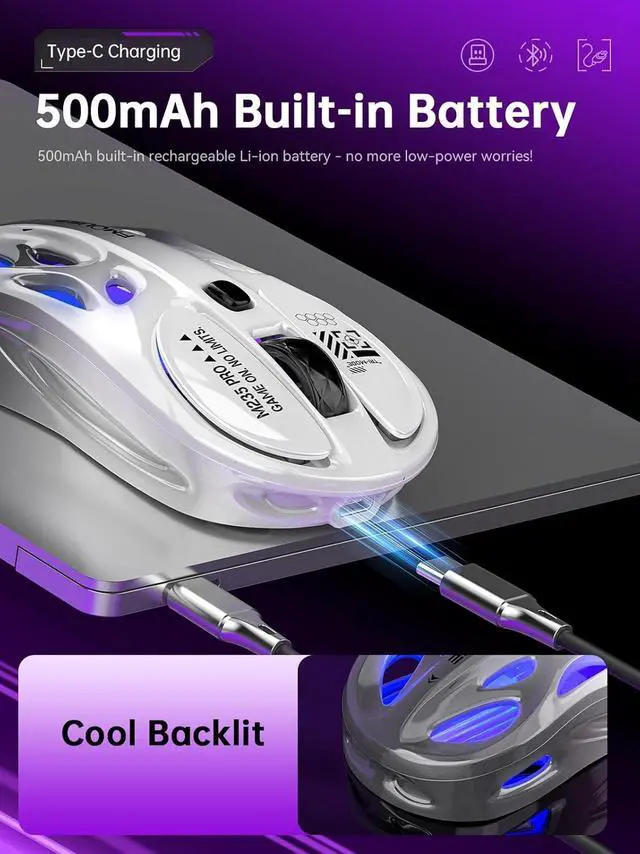 Alt view image 4 of 6 - AUTYUE Tri-Mode Wireless Bluetooth Mouse (2.4G/Bluetooth/Wired), Hollow Design, RGB Gaming Mice, 4800 DPI, Rechargeable Type-C Wireless Mouse for Mac/Laptop/iPad (Gaming/Office) - White & Gray