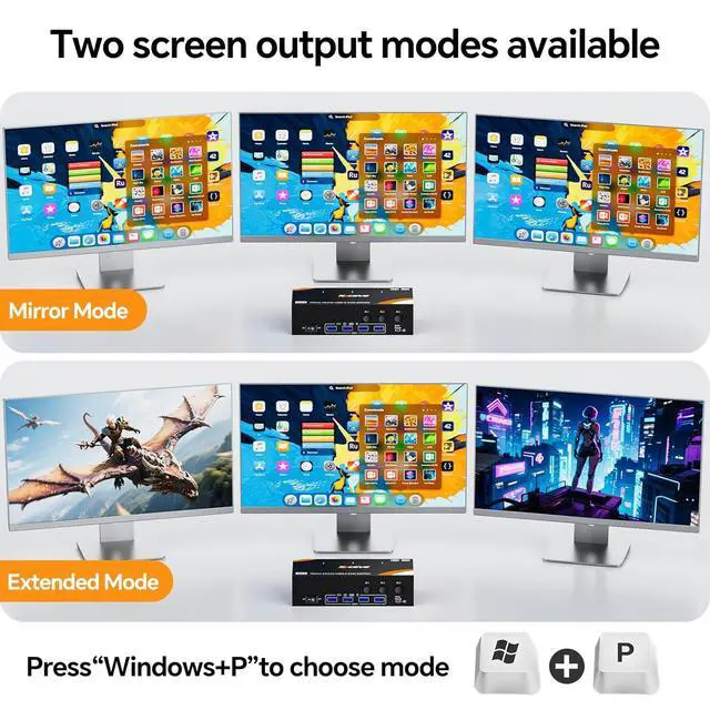 Alt view image 3 of 7 - AUTYUE 8K KVM Switch 3 Monitors 3 Computers Displayport HDMI, USB 3.0 KVM Switch Triple Monitor 4K@144Hz 8K@60Hz for 3 Computers Share 2 Monitors and Keyboard Mouse, Power Adapter and Wired Remote