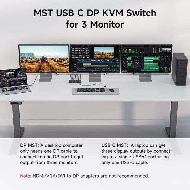 Alt view image 7 of 7 - AUTYUE USB C DP Triple Monitor KVM Switch 2 Computers 3 Monitors, 4K/1080P@60Hz MST KVM Switch for 1 PC & 1 Laptop Share 3 Monitors with 4 USB 3.0 Devices,PD for Laptop, USB Cables and Power Adapter