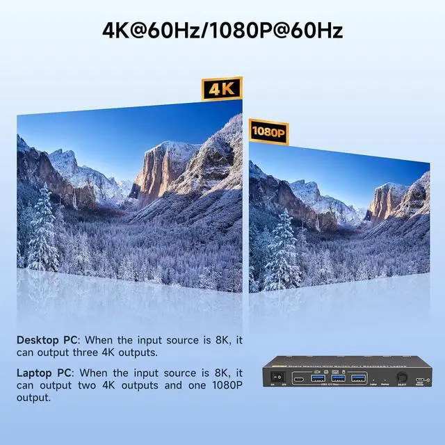 Alt view image 5 of 7 - AUTYUE USB C DP Triple Monitor KVM Switch 2 Computers 3 Monitors, 4K/1080P@60Hz MST KVM Switch for 1 PC & 1 Laptop Share 3 Monitors with 4 USB 3.0 Devices,PD for Laptop, USB Cables and Power Adapter