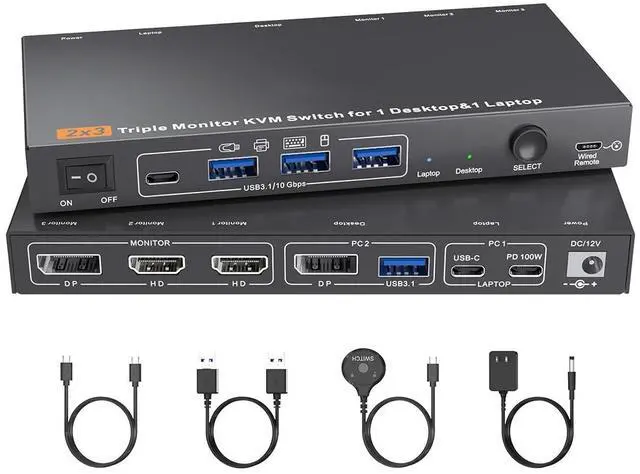 Main image of AUTYUE USB C DP Triple Monitor KVM Switch 2 Computers 3 Monitors, 4K/1080P@60Hz MST KVM Switch for 1 PC & 1 Laptop Share 3 Monitors with 4 USB 3.0 Devices,PD for Laptop, USB Cables and Power Adapter