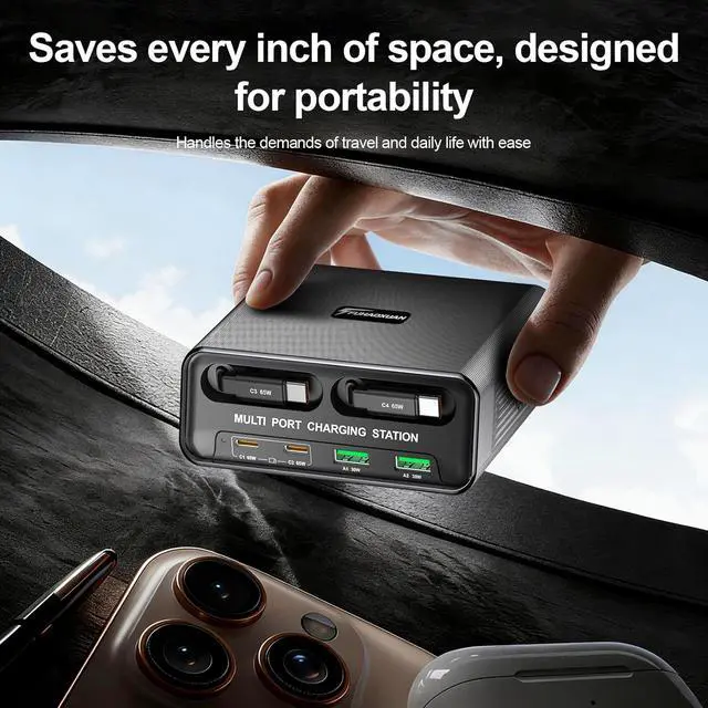 Alt view image 4 of 7 - AUTYUE 6-in-1 Retractable USB C Charger Block, 100W GaN Fast Charging Station for Multiple Devices with Dual Retractable Cables, PD 65W Compatible with MacBook Pro, De-ll, Steam Deck, Smartphones etc.