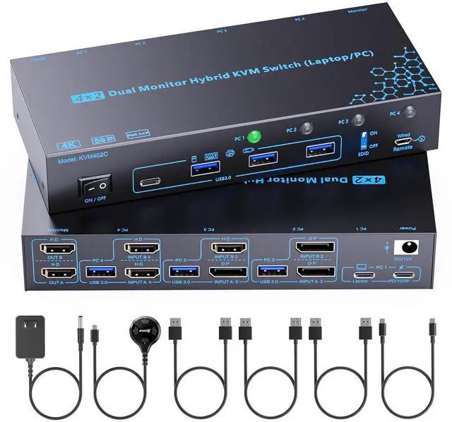 Main image of AUTYUE Dual Monitors 4 Computers Mixed Port KVM Switch, 4K@60Hz USB-C KVM Switches for 1 Laptop (100W PD Charging) & 3 PCs, HDMI DP Hybrid KVM Support EDID Emulation, 3 USB 3.0 Hubs, Wired Remote