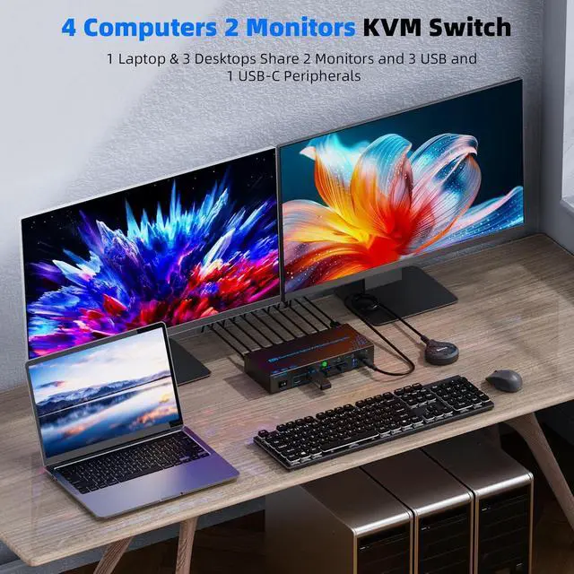 Alt view image 2 of 7 - AUTYUE Dual Monitors 4 Computers Mixed Port KVM Switch, 4K@60Hz USB-C KVM Switches for 1 Laptop (100W PD Charging) & 3 PCs, HDMI DP Hybrid KVM Support EDID Emulation, 3 USB 3.0 Hubs, Wired Remote
