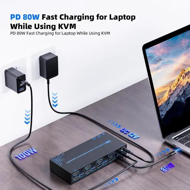 Alt view image 4 of 7 - AUTYUE Dual Monitors 4 Computers Mixed Port KVM Switch, 4K@60Hz USB-C KVM Switches for 1 Laptop (100W PD Charging) & 3 PCs, HDMI DP Hybrid KVM Support EDID Emulation, 3 USB 3.0 Hubs, Wired Remote