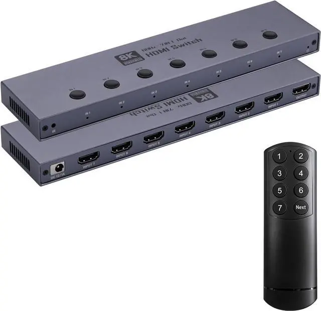 Main image of AUTYUE 7 Ports HDMI 2.1 Switch, HDMI Switcher 7 In 1 Out Supports CEC 8K@60Hz, 4K@240Hz, 1080P@480Hz HDCP 2.3 HDR Do-lby At-mos VRR Compatible with PS5 Xbox Blu-Ray Player with IR remote controller