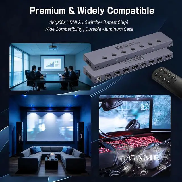 Alt view image 7 of 7 - AUTYUE 7 Ports HDMI 2.1 Switch, HDMI Switcher 7 In 1 Out Supports CEC 8K@60Hz, 4K@240Hz, 1080P@480Hz HDCP 2.3 HDR Do-lby At-mos VRR Compatible with PS5 Xbox Blu-Ray Player with IR remote controller