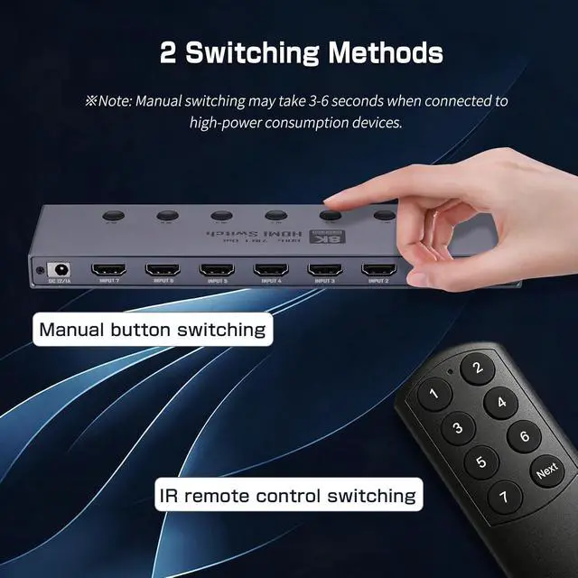 Alt view image 4 of 7 - AUTYUE 7 Ports HDMI 2.1 Switch, HDMI Switcher 7 In 1 Out Supports CEC 8K@60Hz, 4K@240Hz, 1080P@480Hz HDCP 2.3 HDR Do-lby At-mos VRR Compatible with PS5 Xbox Blu-Ray Player with IR remote controller