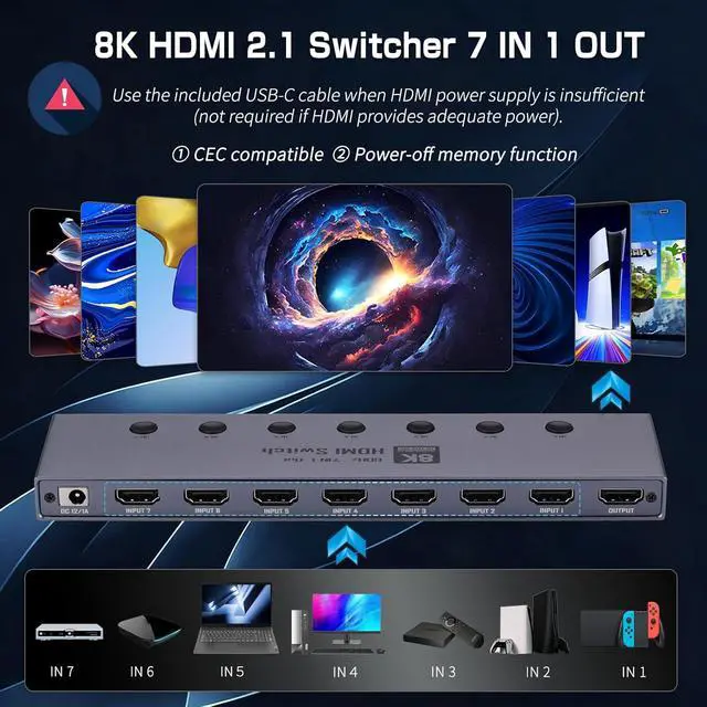 Alt view image 3 of 7 - AUTYUE 7 Ports HDMI 2.1 Switch, HDMI Switcher 7 In 1 Out Supports CEC 8K@60Hz, 4K@240Hz, 1080P@480Hz HDCP 2.3 HDR Do-lby At-mos VRR Compatible with PS5 Xbox Blu-Ray Player with IR remote controller