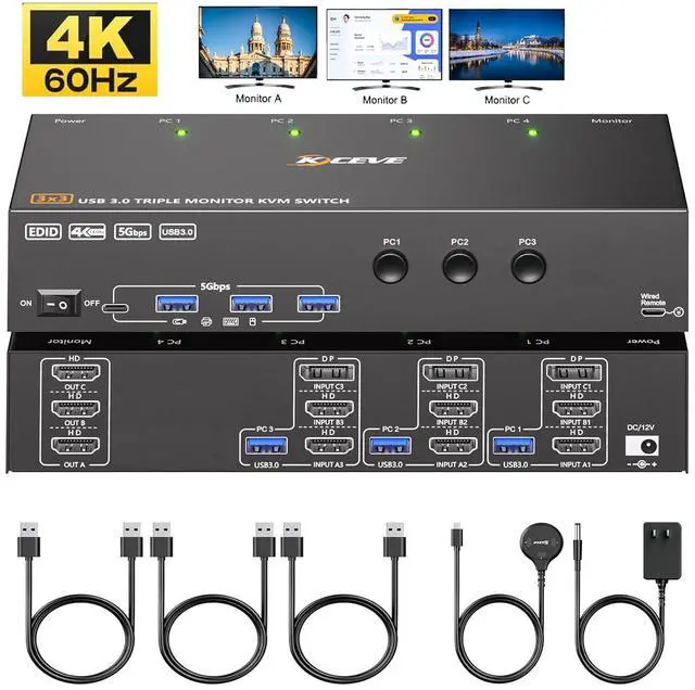 Main image of AUTYUE KVM Switch 3 Monitors 3 Computers 4K@60Hz, EDID Simulation, USB 3.0 HDMI Displayport KVM Switch Triple Monitor for 3 PC Share 3 Monitors and Keyboard Mouse, with Wired Remote & 3 USB Cables