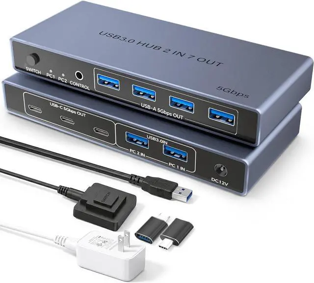 Main image of AUTYUE USB 3.0 Switch 2 in 7 Out, USB Switcher for 2 Computers Share 4 USB-A + 3 USB-C Devices - 5Gbps USB Switch Hub for Laptop Keyboard Mouse Printer with Controller, USB C Adapter, Power Adapter