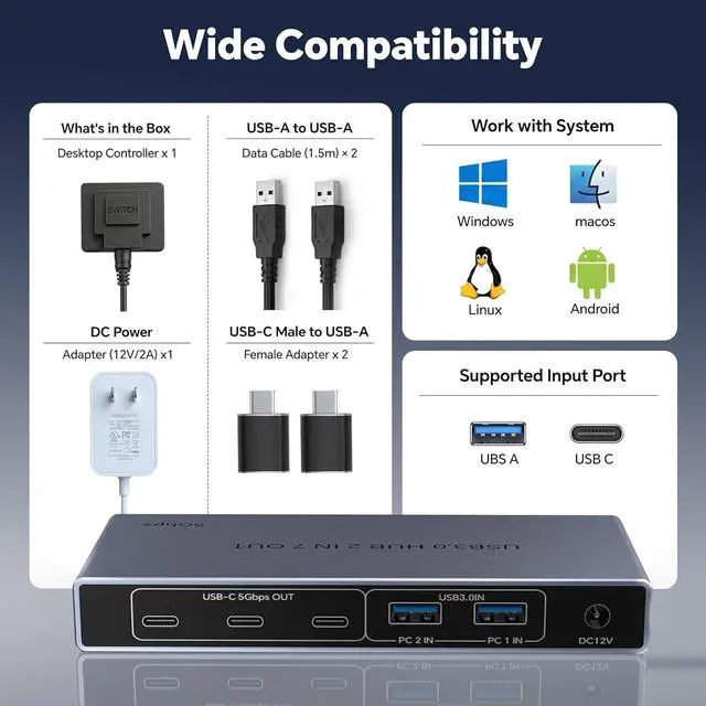 Alt view image 7 of 7 - AUTYUE USB 3.0 Switch 2 in 7 Out, USB Switcher for 2 Computers Share 4 USB-A + 3 USB-C Devices - 5Gbps USB Switch Hub for Laptop Keyboard Mouse Printer with Controller, USB C Adapter, Power Adapter