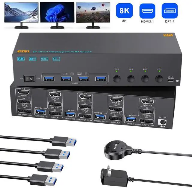 Main image of AUTYUE 8K KVM Switch 3 Monitors 4 Computers 8K@60Hz 4K@144Hz, HDMI+2 Displayport Triple Monitor KVM Switch with 4 USB 3.0 Ports for 4 PCs Share 3 Screens, Wired Remote and Power Adapter included