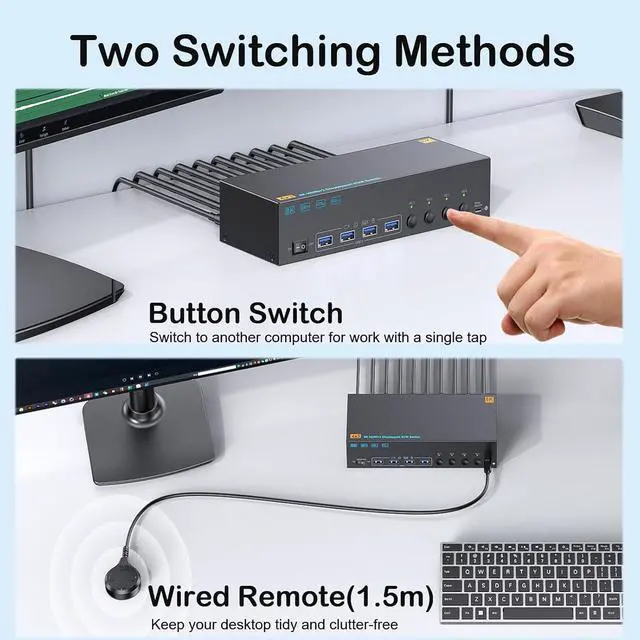 Alt view image 5 of 7 - AUTYUE 8K KVM Switch 3 Monitors 4 Computers 8K@60Hz 4K@144Hz, HDMI+2 Displayport Triple Monitor KVM Switch with 4 USB 3.0 Ports for 4 PCs Share 3 Screens, Wired Remote and Power Adapter included