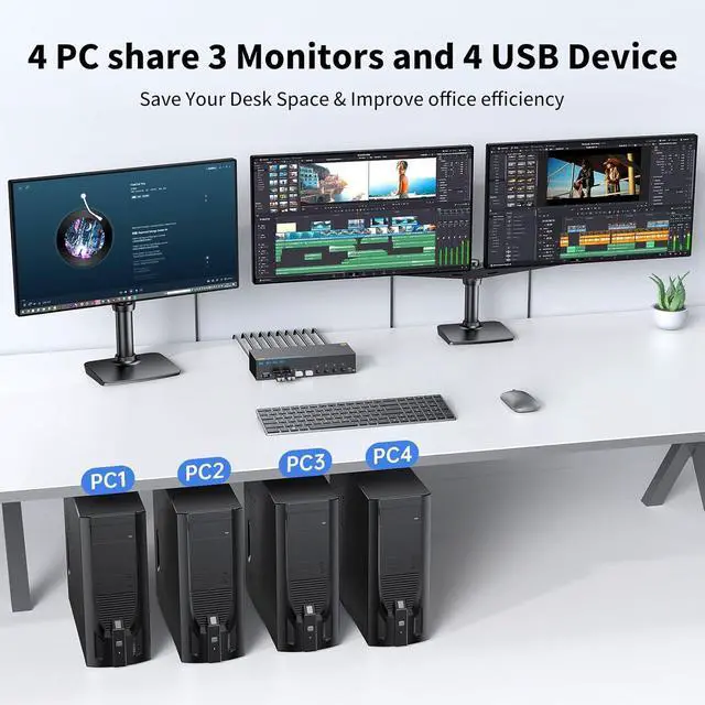 Alt view image 7 of 7 - AUTYUE 8K KVM Switch 3 Monitors 4 Computers 8K@60Hz 4K@144Hz, HDMI+2 Displayport Triple Monitor KVM Switch with 4 USB 3.0 Ports for 4 PCs Share 3 Screens, Wired Remote and Power Adapter included