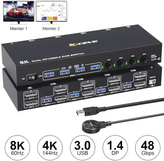 Main image of AUTYUE 4 Ports Displayport KVM Switch 4 Computers, DP KVM Support 2 Monitors 8K@60Hz USB 3.0 DP KVM Switches Share Dual Monitors and 4 USB 3.0 Ports, with DC 12V Adapter&Wired Controller (DP Only)