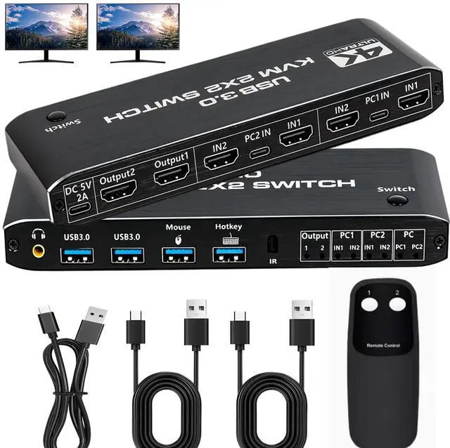 Main image of AUTYUE Dual Monitor HDMI KVM Switch 2 Computers | 4K@60Hz UHD, USB 3.0 Hub for Keyboard & Mouse, Hotkey/Panel/Remote Control, Extended/Mirror Display, 3.5mm Audio, EDID, HDCP 2.3, Plug & Play