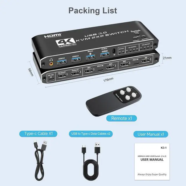 Alt view image 6 of 6 - AUTYUE Dual Monitor HDMI KVM Switch 2 Computers | 4K@60Hz UHD, USB 3.0 Hub for Keyboard & Mouse, Hotkey/Panel/Remote Control, Extended/Mirror Display, 3.5mm Audio, EDID, HDCP 2.3, Plug & Play